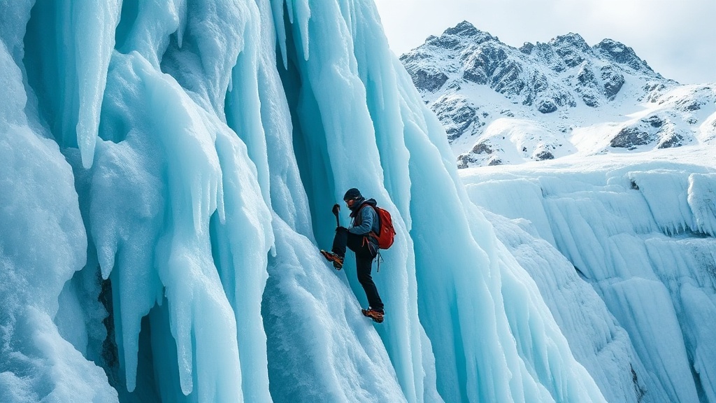 Professional ice climber ascending a frozen waterfall